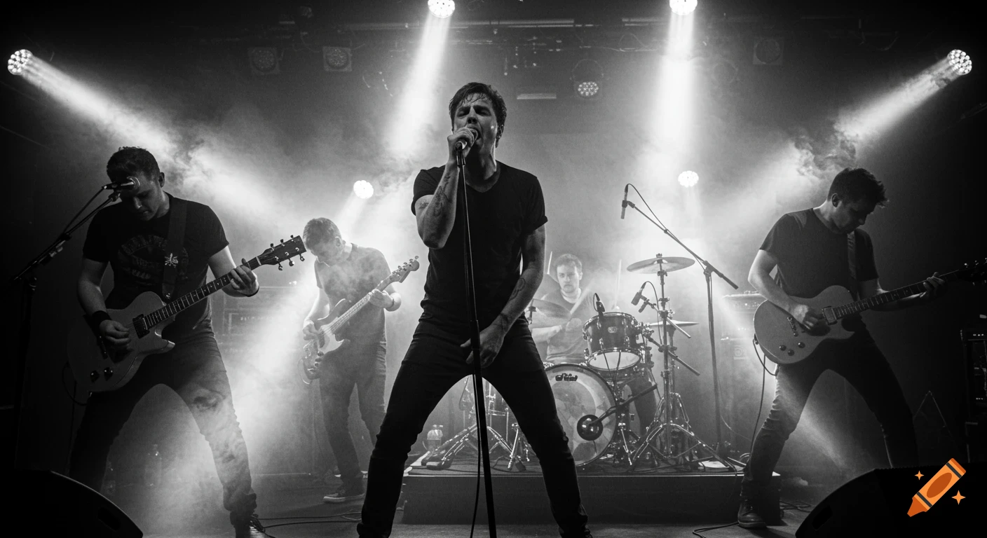 Black and white photograph of a five-piece rock band performing on stage with dramatic spotlights and smoke.