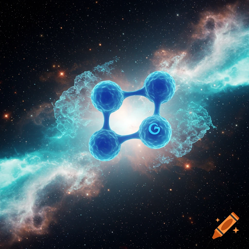 A glowing blue abstract molecular structure with four interconnected spheres, one marked with a stylized 'G', against a vibrant cosmic nebula and stars.