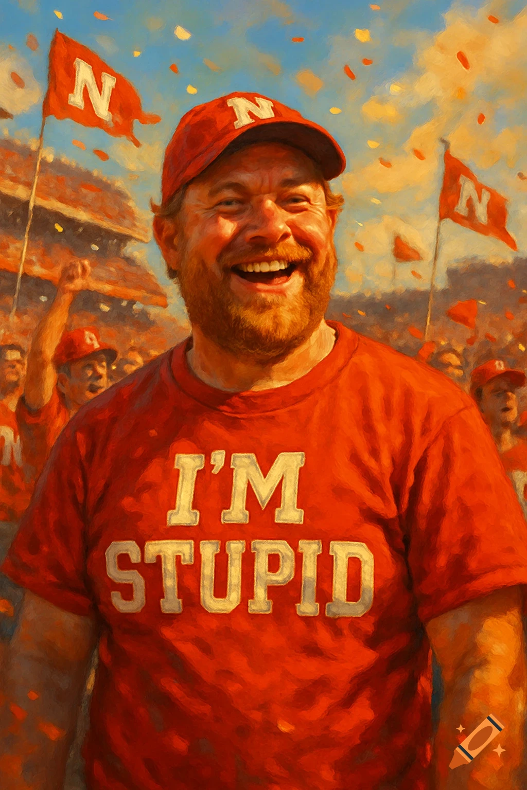 A smiling bearded man in a red "I'm Stupid" shirt and "N" cap in a painterly style, celebrating with fans and flags.