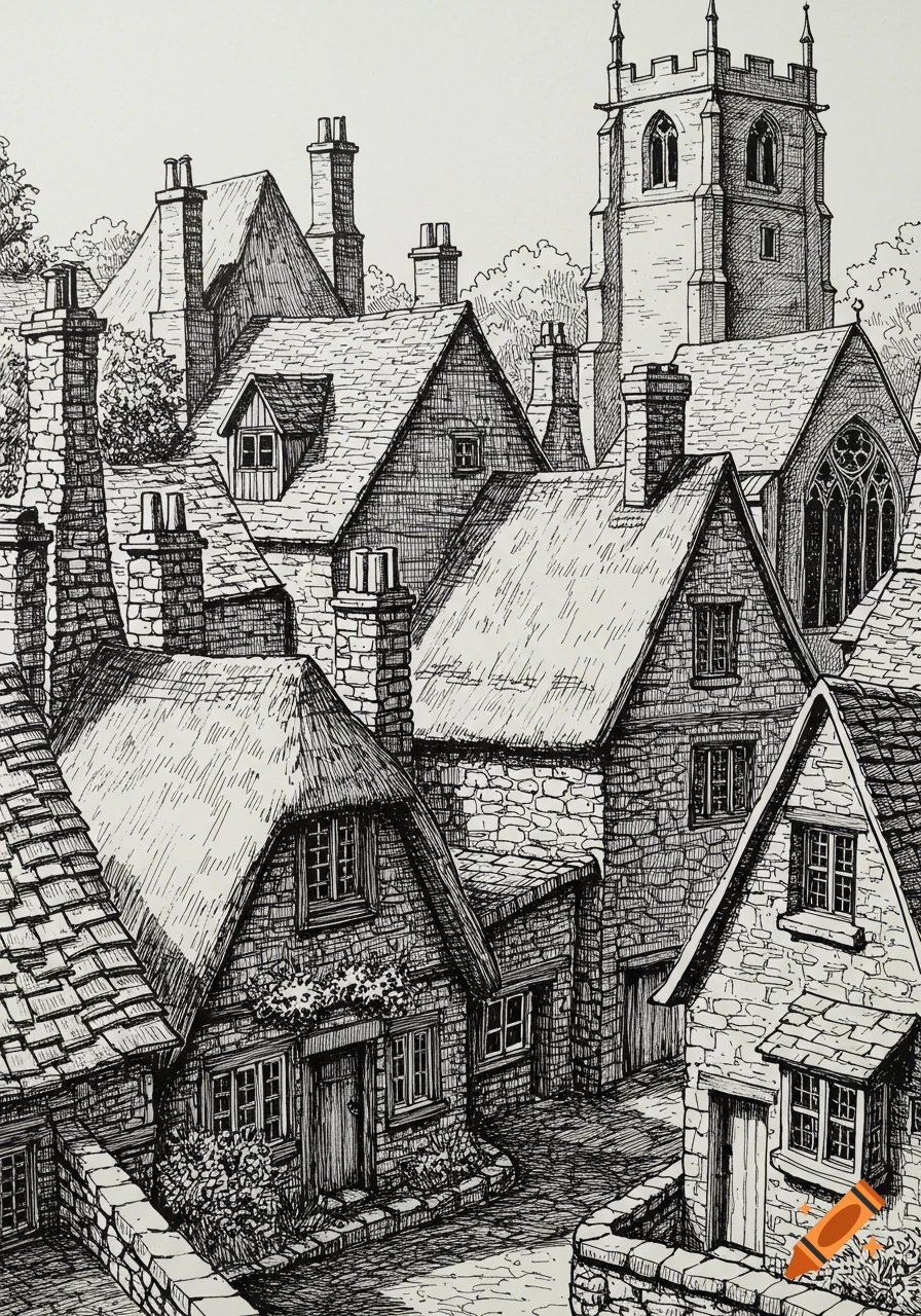 Black and white ink drawing of a medieval-style village with stone buildings, pitched roofs, chimneys, and a church tower.