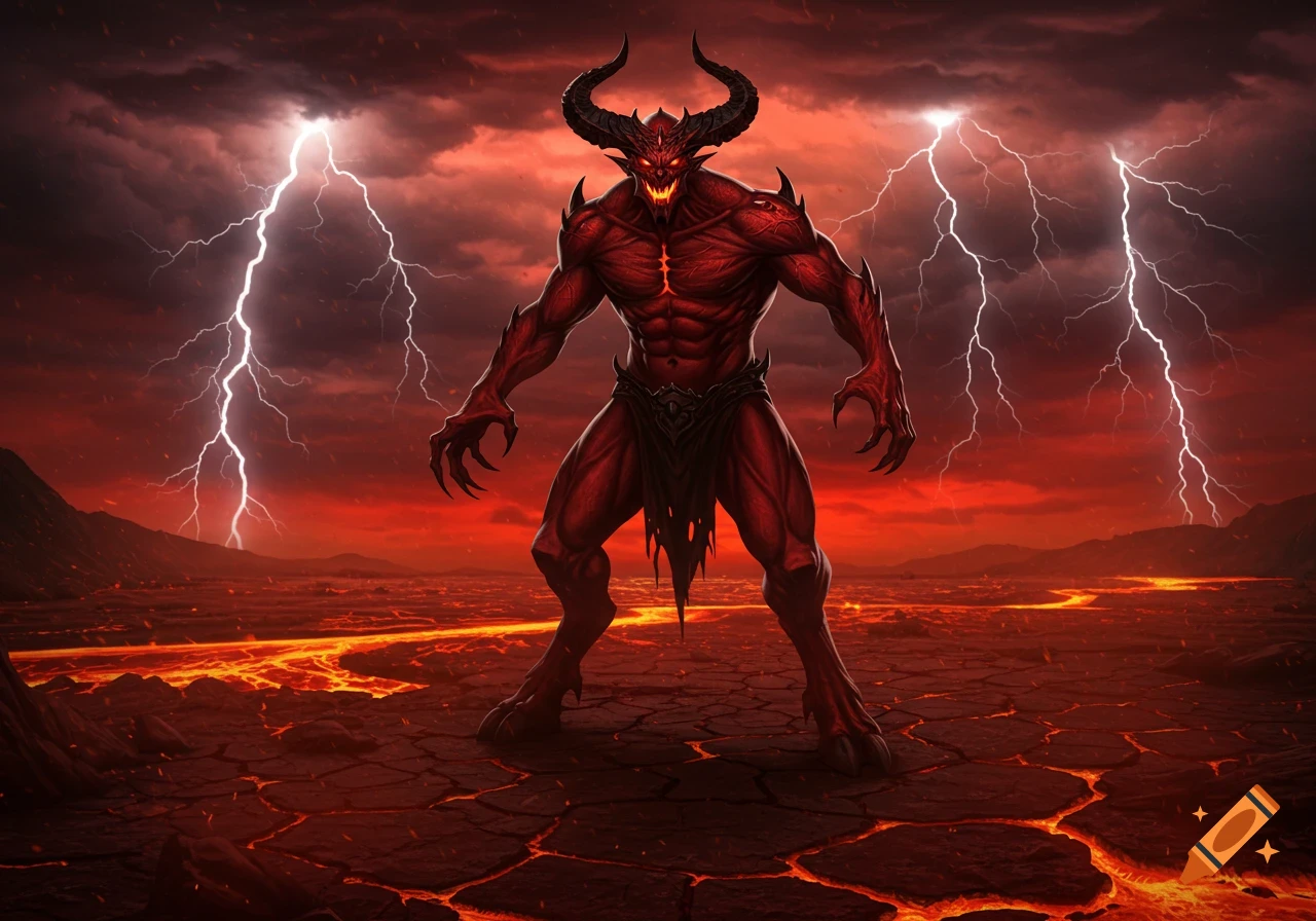 A fearsome red demon with horns and glowing eyes stands on a cracked, lava-filled landscape under a stormy, lightning-filled red sky.