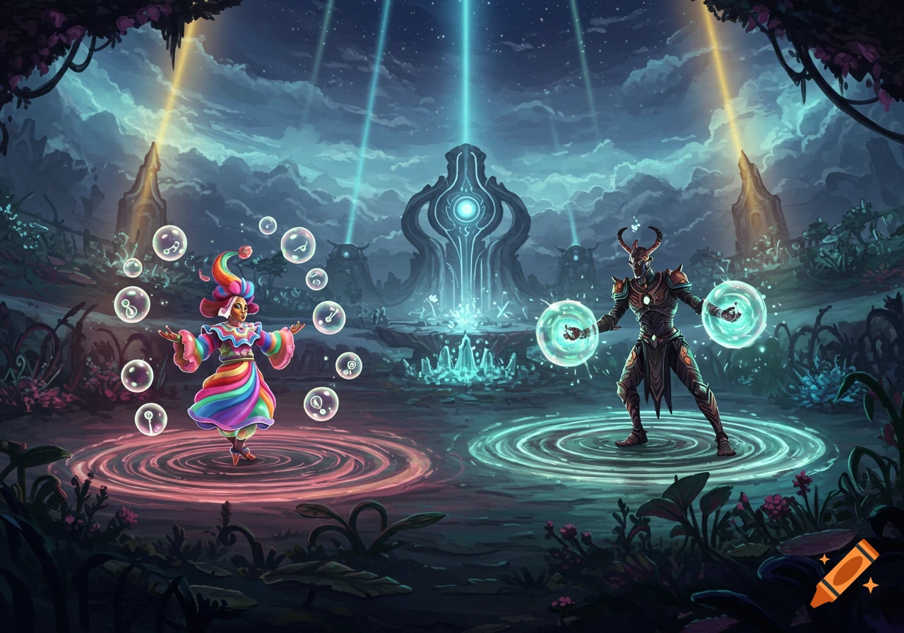 A vibrant rainbow-colored clown juggles glowing bubbles opposite a horned, armored warrior casting light magic in a mystical, dark landscape.
