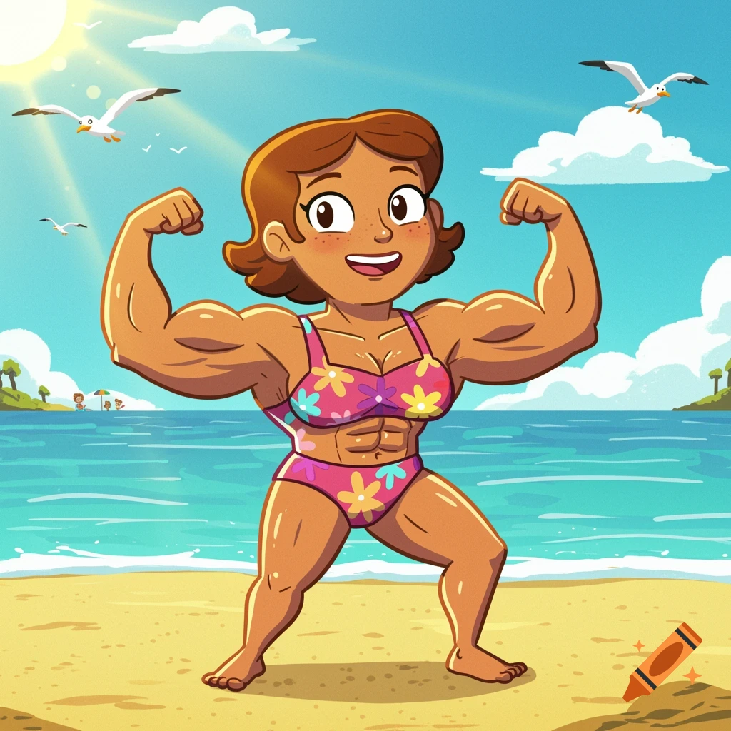 A muscular cartoon woman in a pink floral bikini flexes her biceps at a sunny beach.