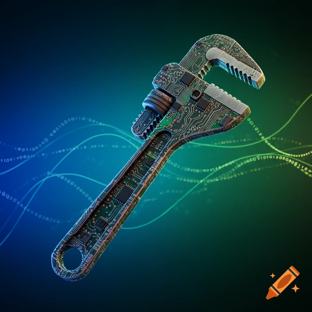 A detailed, close-up view of a pipe wrench crafted from circuit boards, set against a dark blue and green gradient background with flowing binary code.