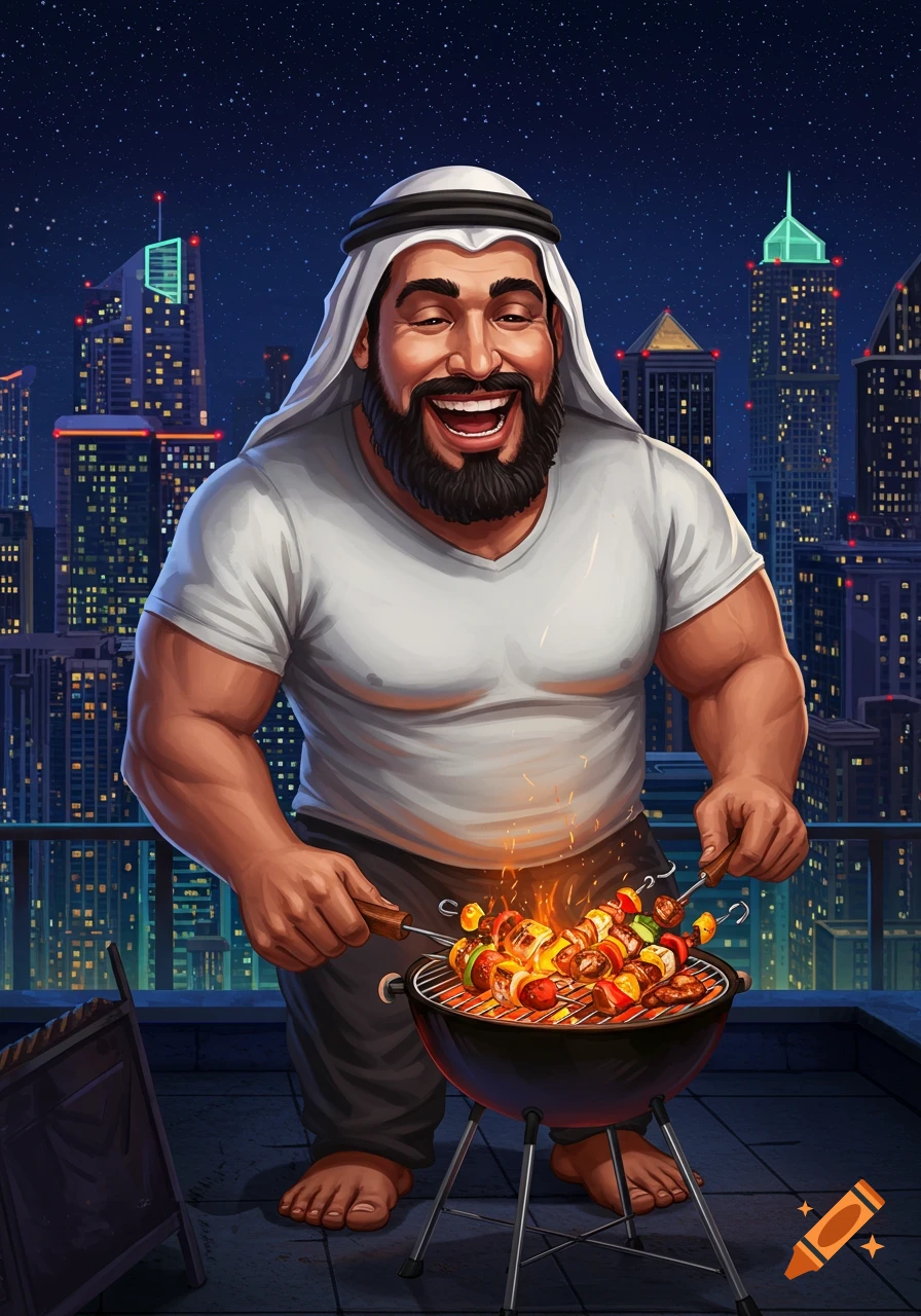 A muscular, bearded Arab man in a white thobe and t-shirt, smiling widely, grills shish kabobs on a tiny BBQ on a city rooftop at night. Cartoon style.