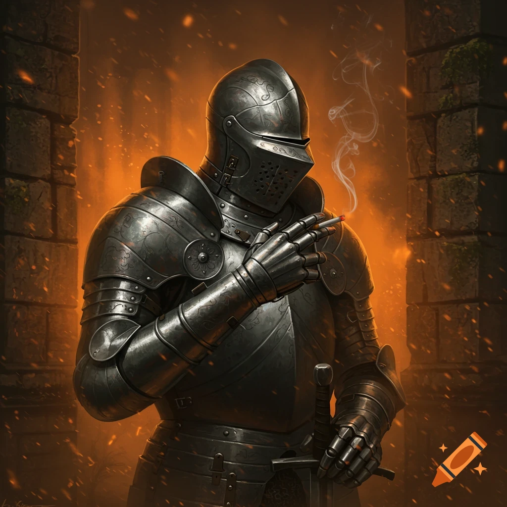 A medieval knight in full plate armor stands in a dark stone hall, smoking a cigarette, with a fiery orange glow in the background.