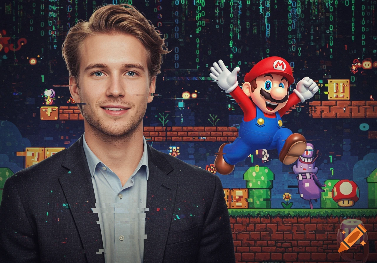 A blond man with digital glitch effects smiles next to a jumping Mario in a pixel art Super Mario Bros. level with binary code.