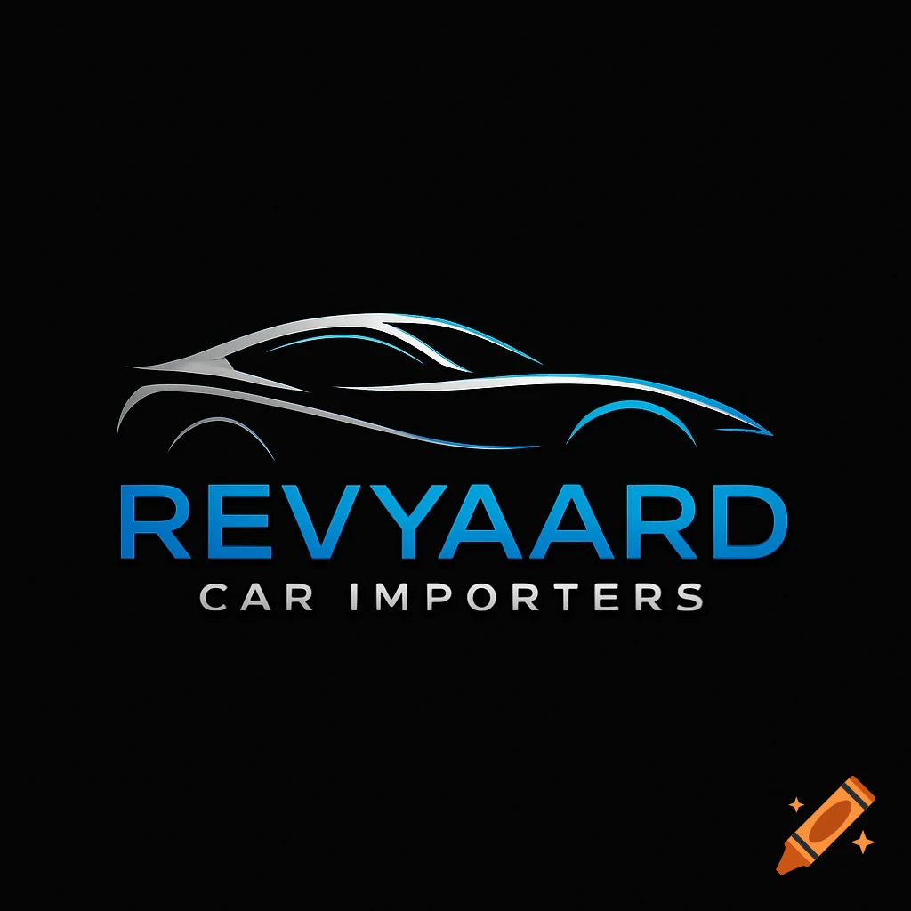A sleek, modern logo featuring a silver and blue outline of a sports car above the text 'REVVYAARD CAR IMPORTERS' on a black background.