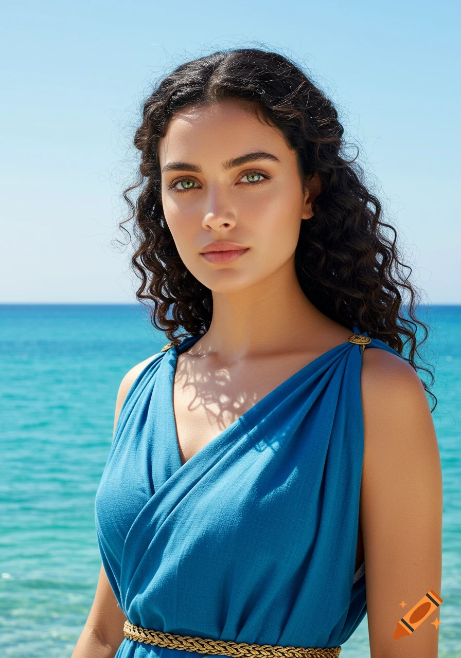 Photorealistic portrait of a woman with dark curly hair and green eyes in a blue dress by the sea under a clear sky.