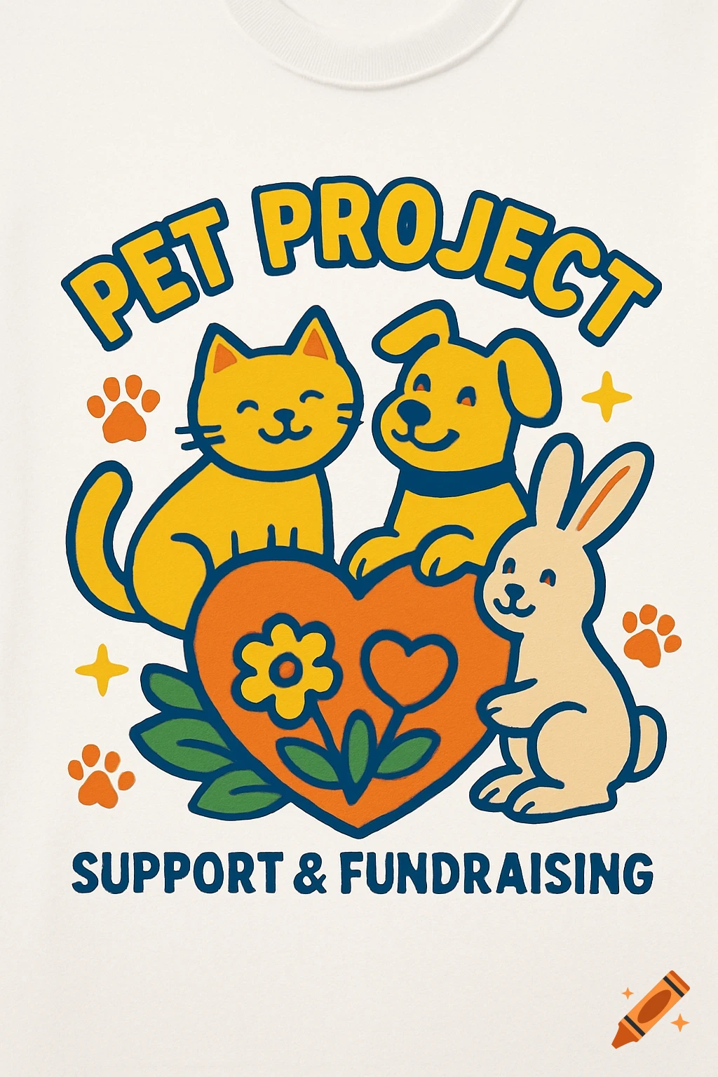 Cartoon T-shirt design with a yellow cat, dog, and beige rabbit around an orange heart with flowers. Text: PET PROJECT, SUPPORT & FUNDRAISING.