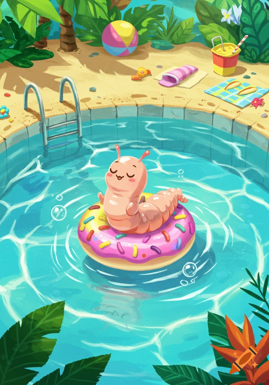 A cheerful cartoon worm floats on a pink donut pool float in a bright blue swimming pool, surrounded by tropical plants.