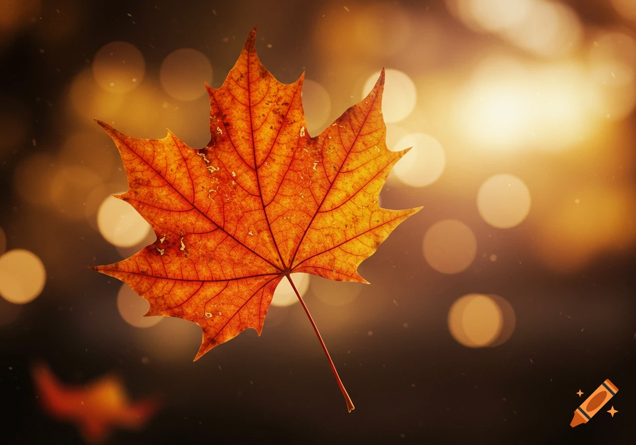 A vibrant orange and red maple leaf floats against a warm, blurry bokeh background, with small light specks.