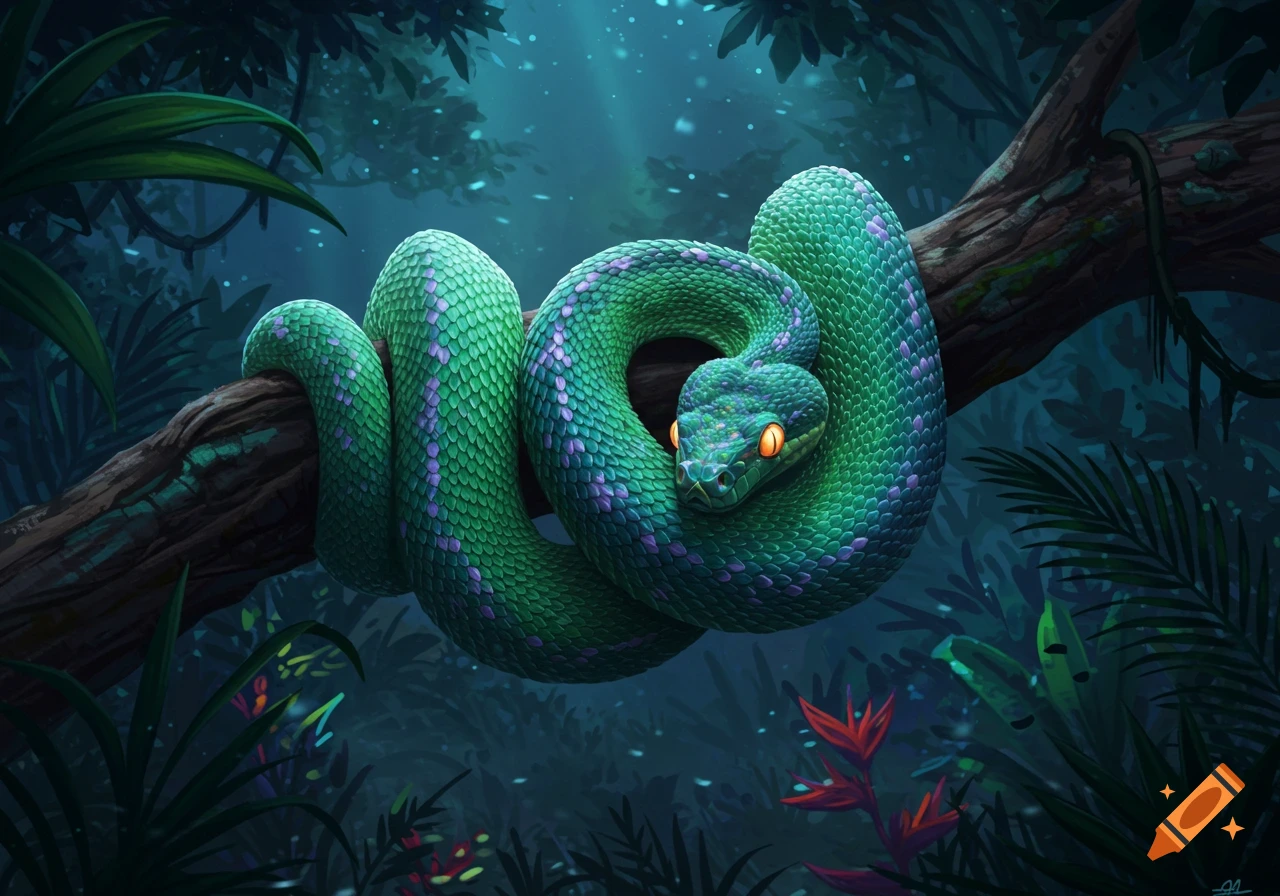A vibrant green snake with purple markings coiled on a tree branch in a dark, lush jungle, digital painting.