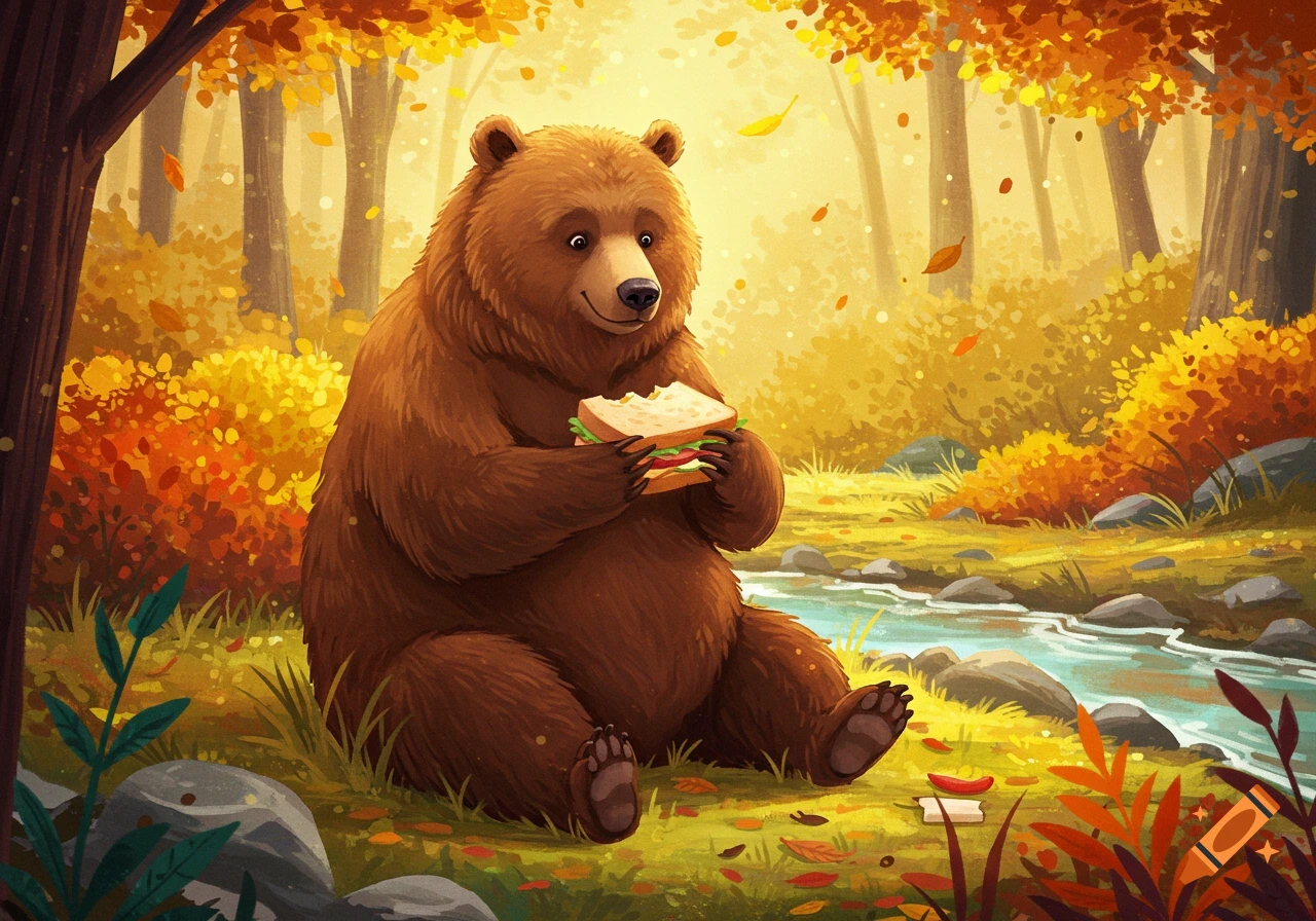 A happy cartoon bear sits in an autumn forest, holding and eating a sandwich next to a stream.