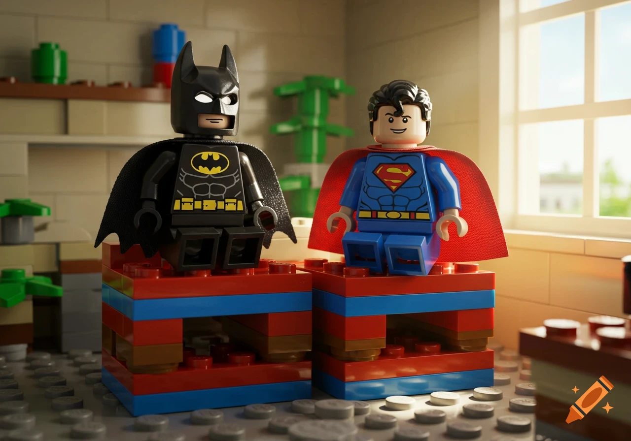 Lego Batman and Superman minifigures sit on colorful brick platforms in a brightly lit room.