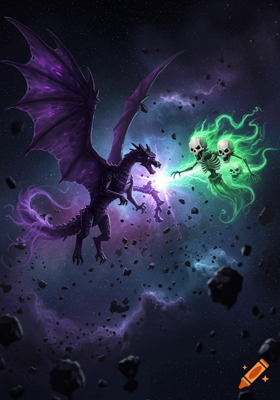 A purple dragon breathes energy at three glowing green skeletons in a cosmic void filled with asteroids and nebulae.