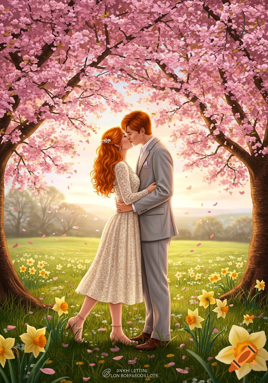 A ginger couple kisses tenderly under a canopy of pink cherry blossom trees in a vibrant field of daffodils, rendered in an illustrative style.