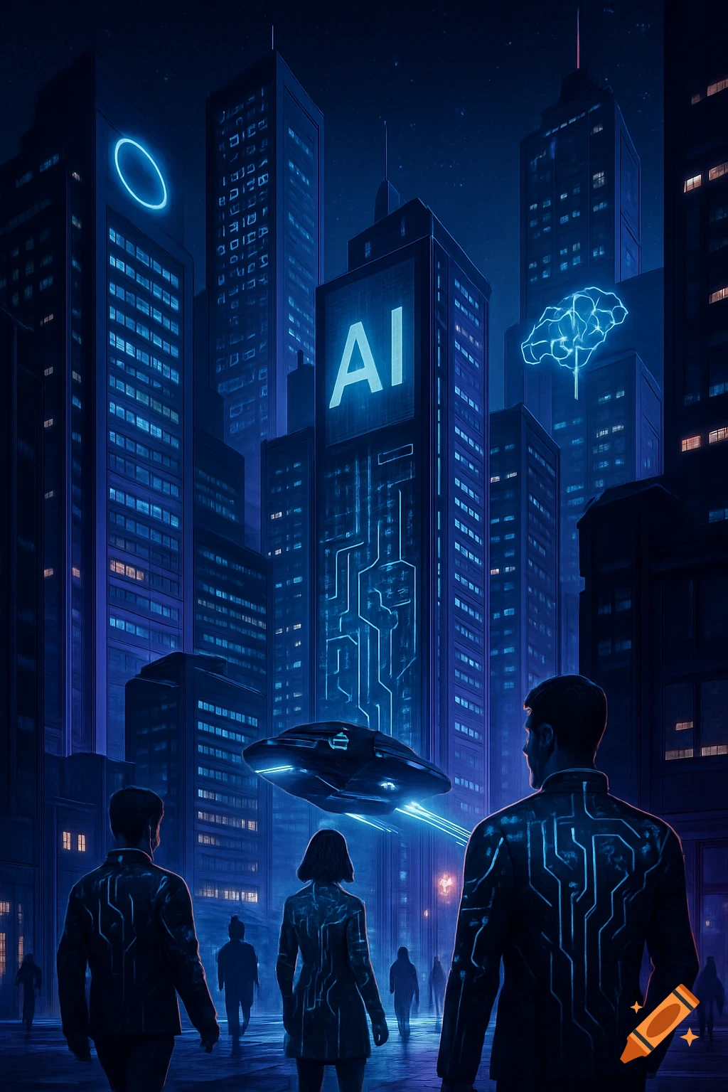 Futuristic cityscape at night with people looking at a building displaying 'AI' and circuit patterns. A glowing blue flying vehicle hovers.