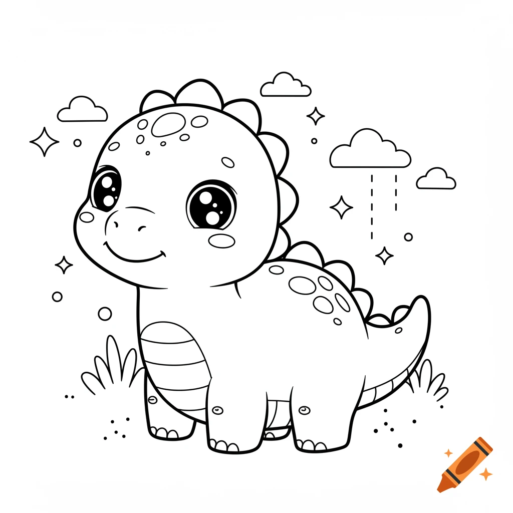 Black and white line art of a cute baby dinosaur with large eyes standing in grass, clouds and stars in the background, coloring page style.