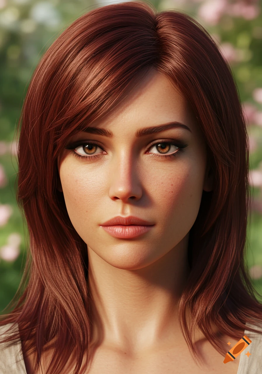 Photorealistic portrait of a young woman with reddish-brown hair and brown eyes, against a softly blurred floral background.