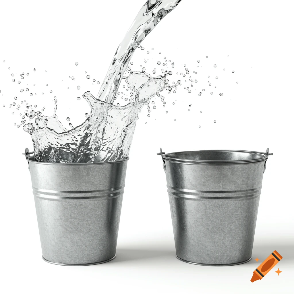 Water pouring and splashing into a metal bucket next to an empty metal bucket on a white background, photorealistic.