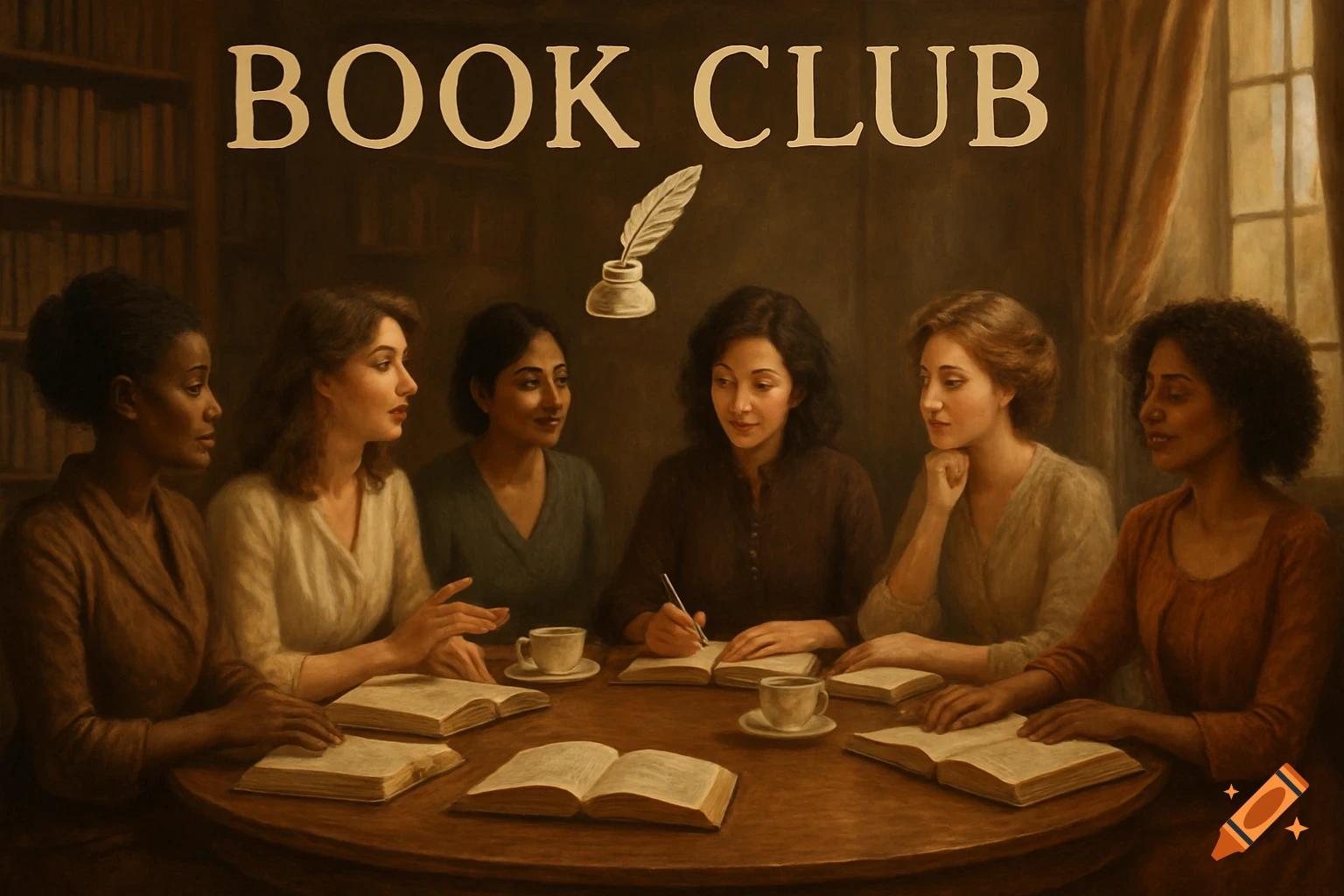 Six diverse women gather around a table with open books and coffee cups, engaged in a book club meeting, in a painterly style.