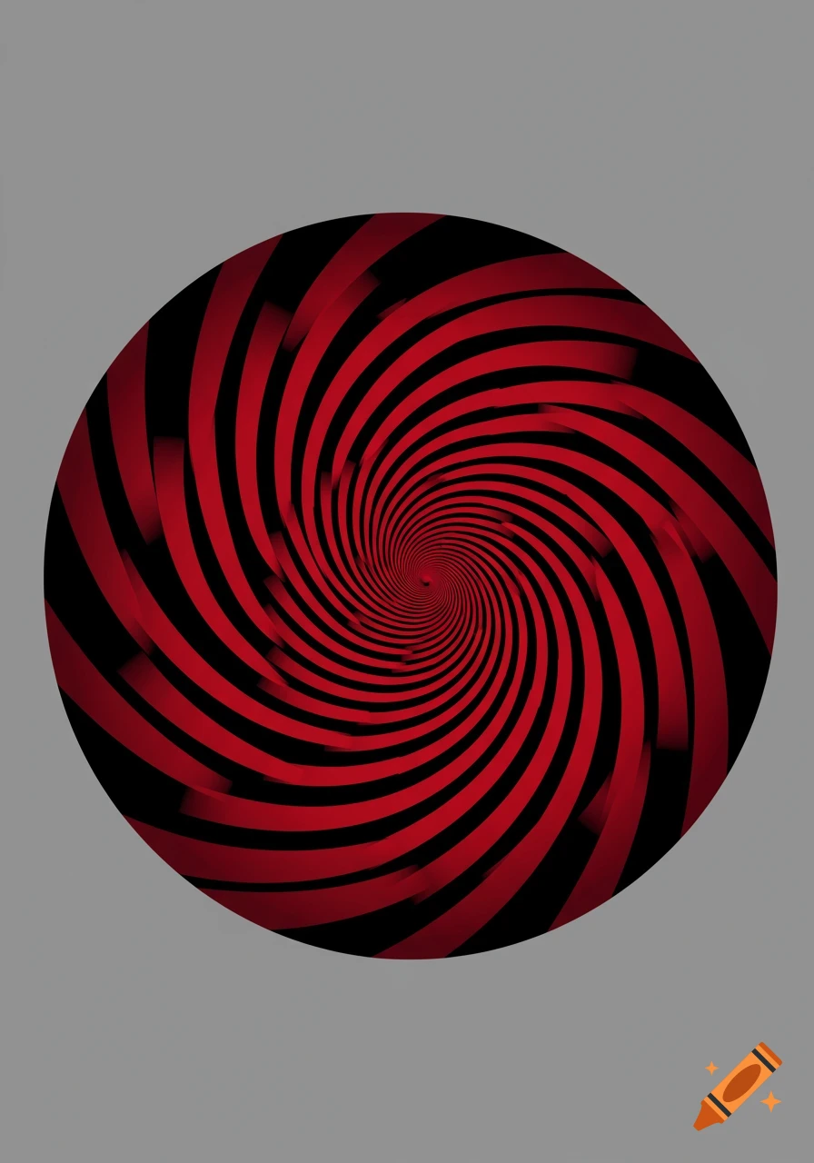 An off-center hypnotic black and red spiral in a circular shape against a gray background.