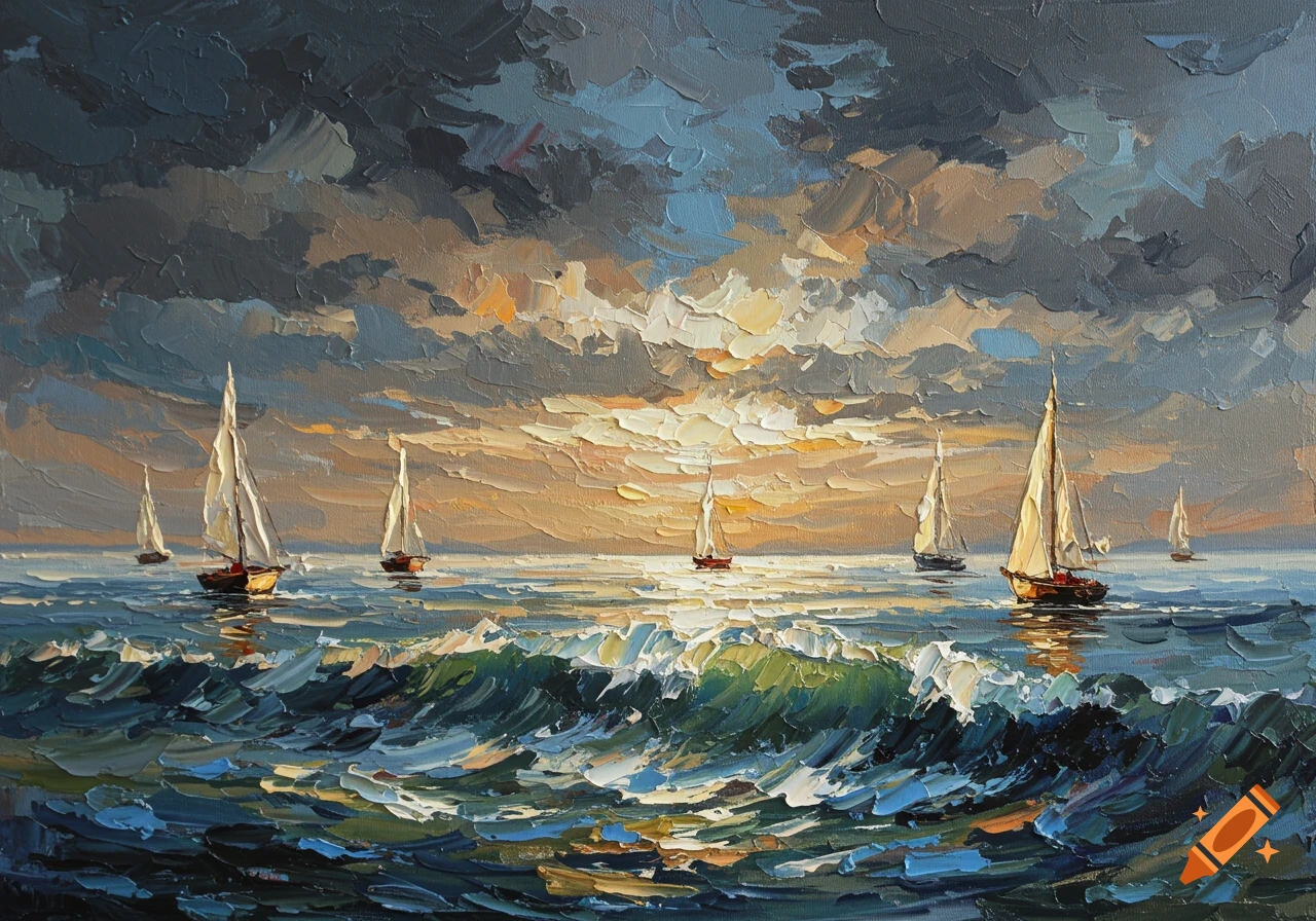 Oil painting of sailboats on a choppy sea under a dramatic sunset sky, rendered with thick impasto brushstrokes.