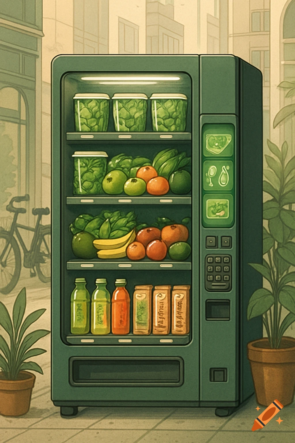 An illustration of a green vending machine filled with healthy options like fruits, vegetables, bottled drinks, and packaged snacks, set against an urban background.