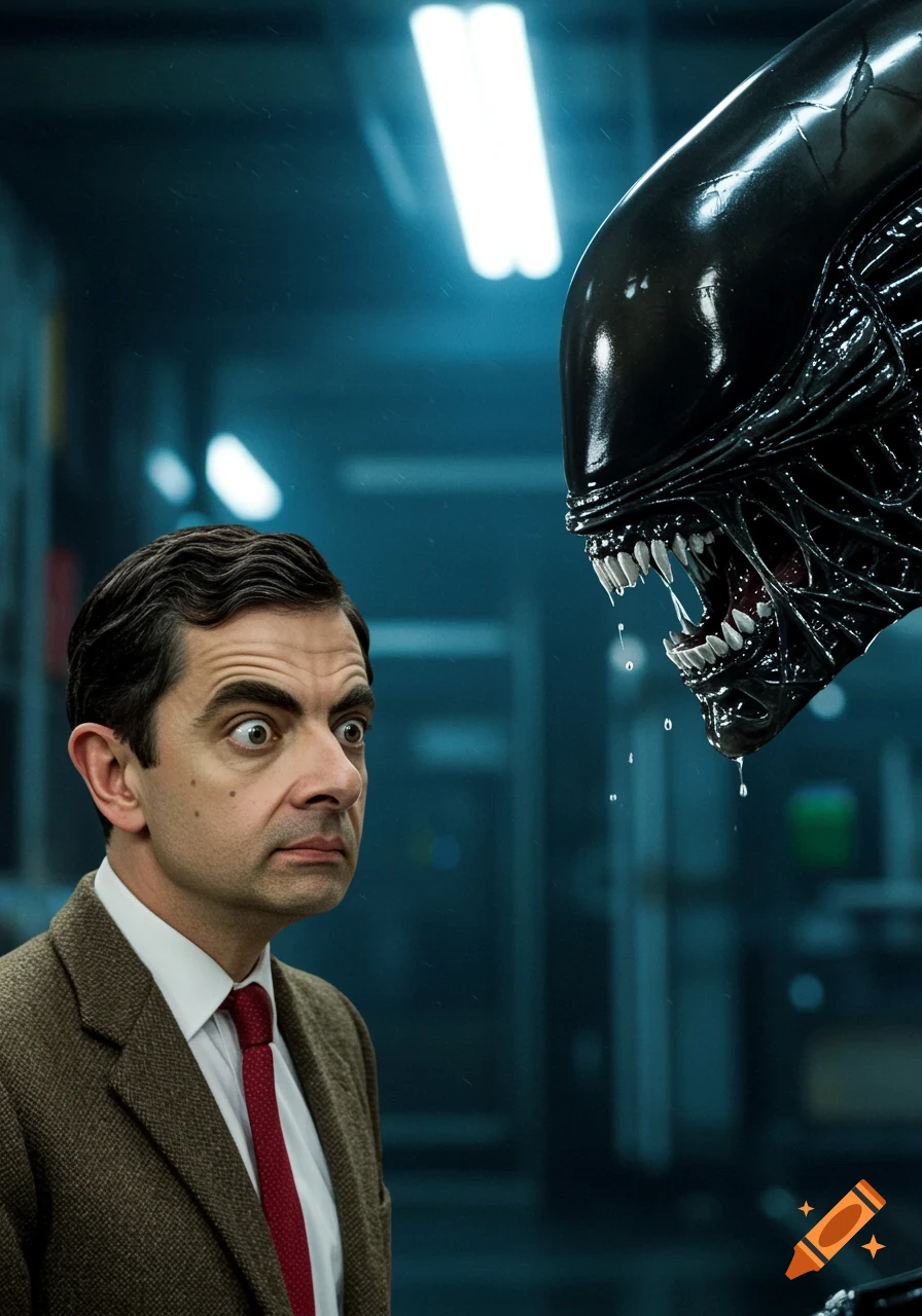 Mr. Bean looks terrified at a close-up, drooling Xenomorph head in a dark, sci-fi environment, photorealistic style.
