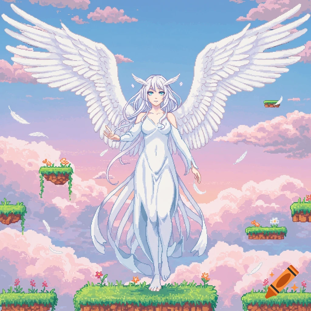 Pixel art anime angel with large white wings, white hair, and a flowing white dress, standing on a floating grassy island in a sky filled with pink clouds.