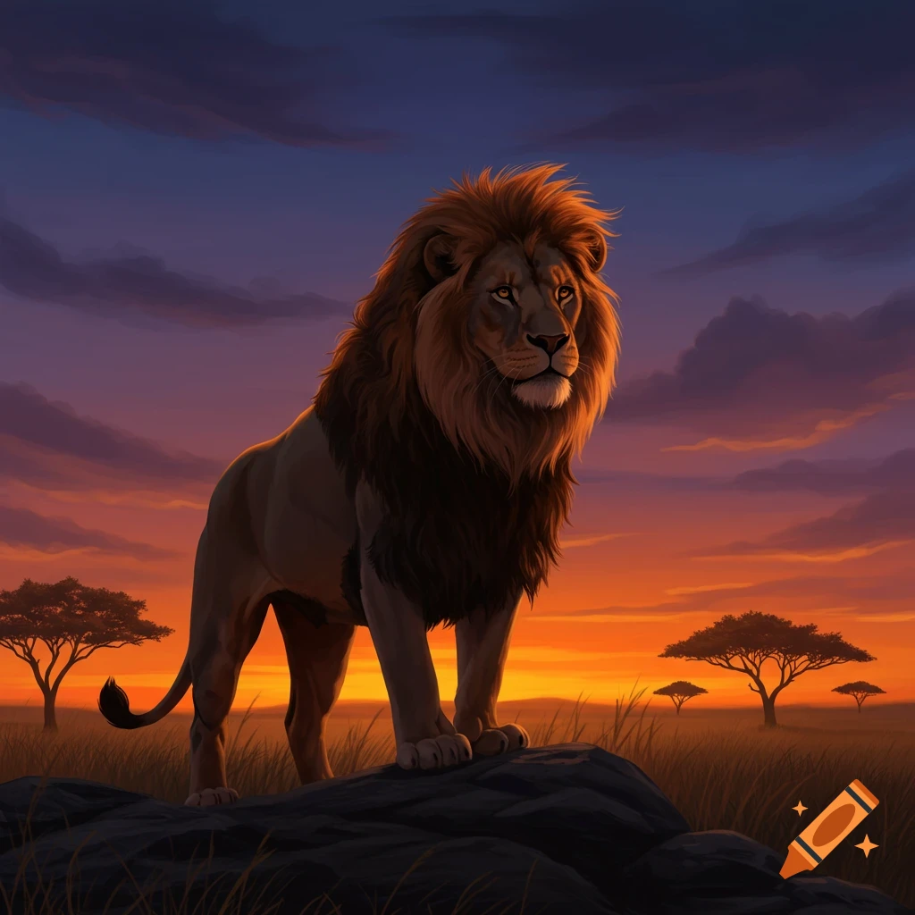 A majestic lion stands on a rock in a savanna at sunset, with acacia trees silhouetted against an orange and purple sky.