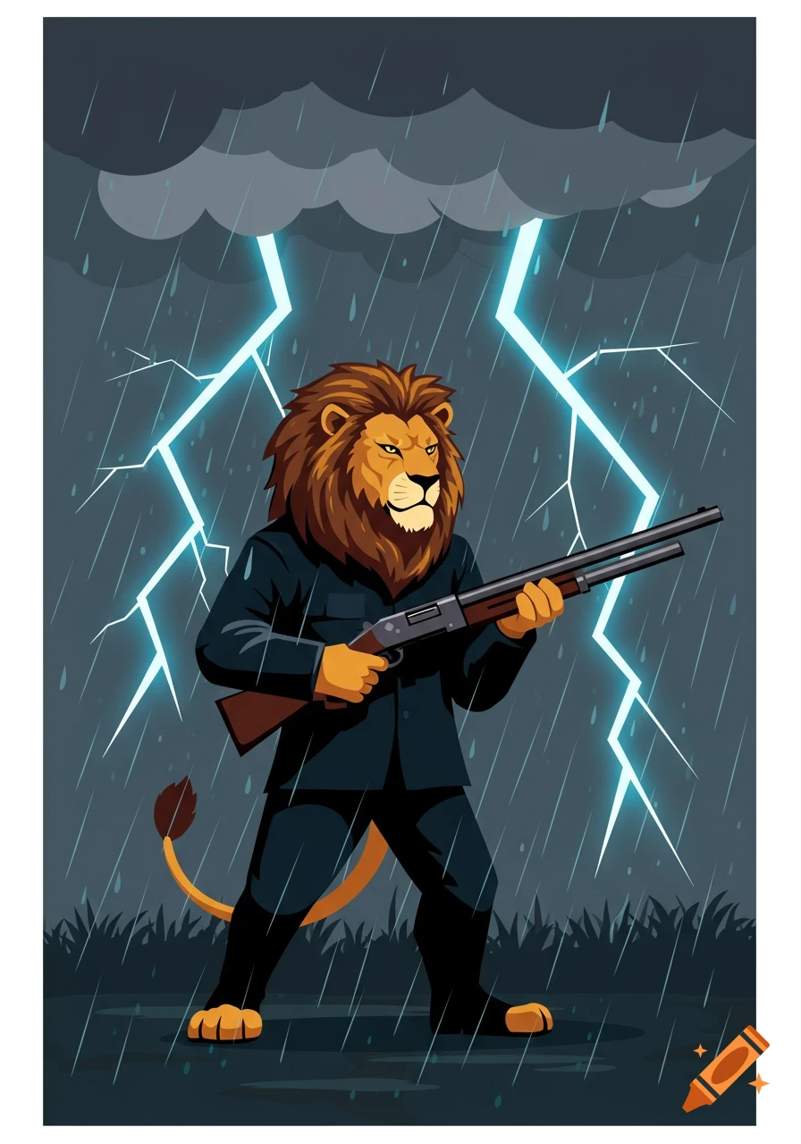 Stylized illustration of an anthropomorphic lion in a suit holding a shotgun in a thunderstorm with lightning.