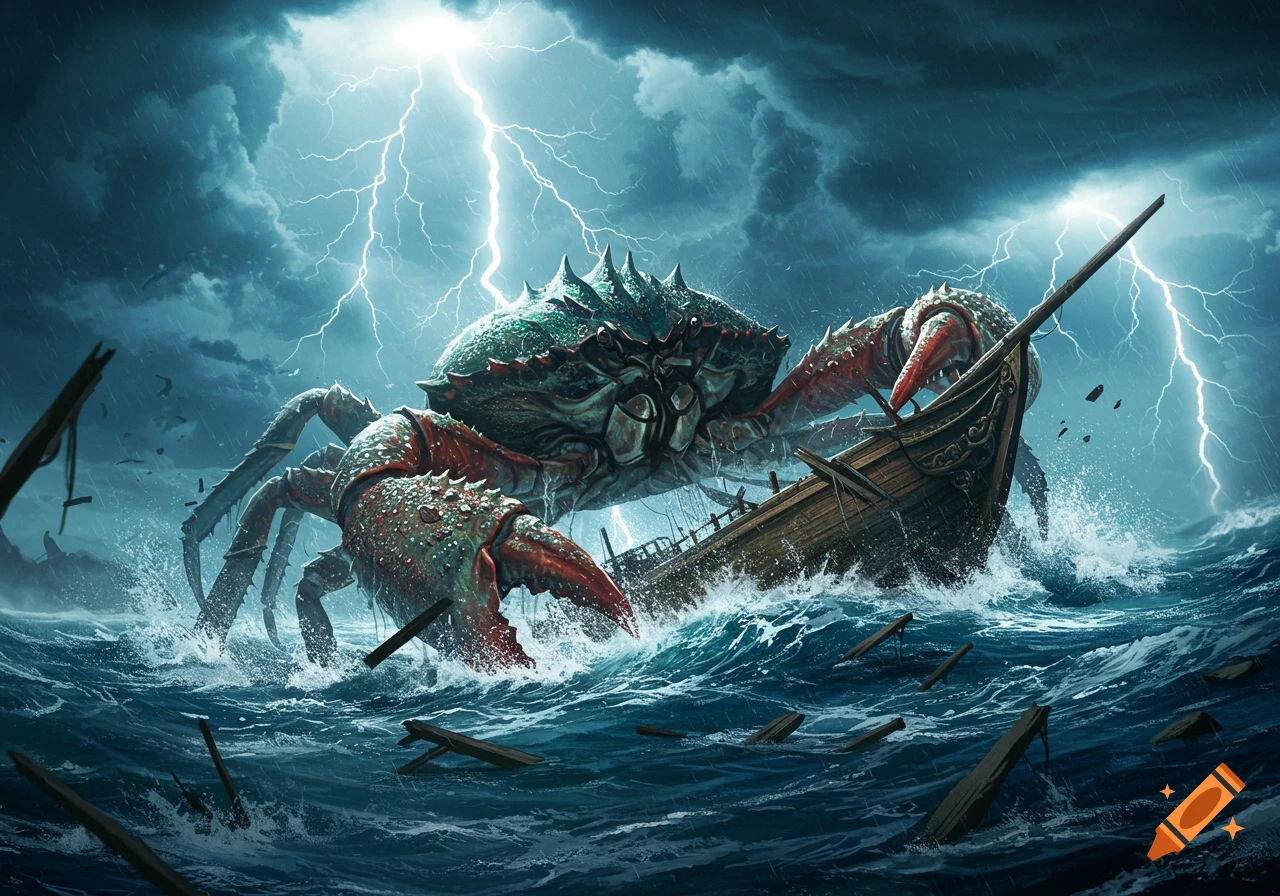 A giant, monstrous crab creature rises from a stormy ocean, breaking a wooden boat under a sky filled with lightning.