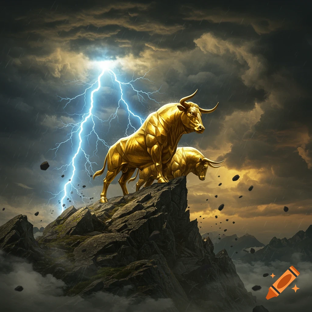 Two majestic golden bulls stand on a rocky mountain peak as lightning strikes from stormy, rain-filled skies.