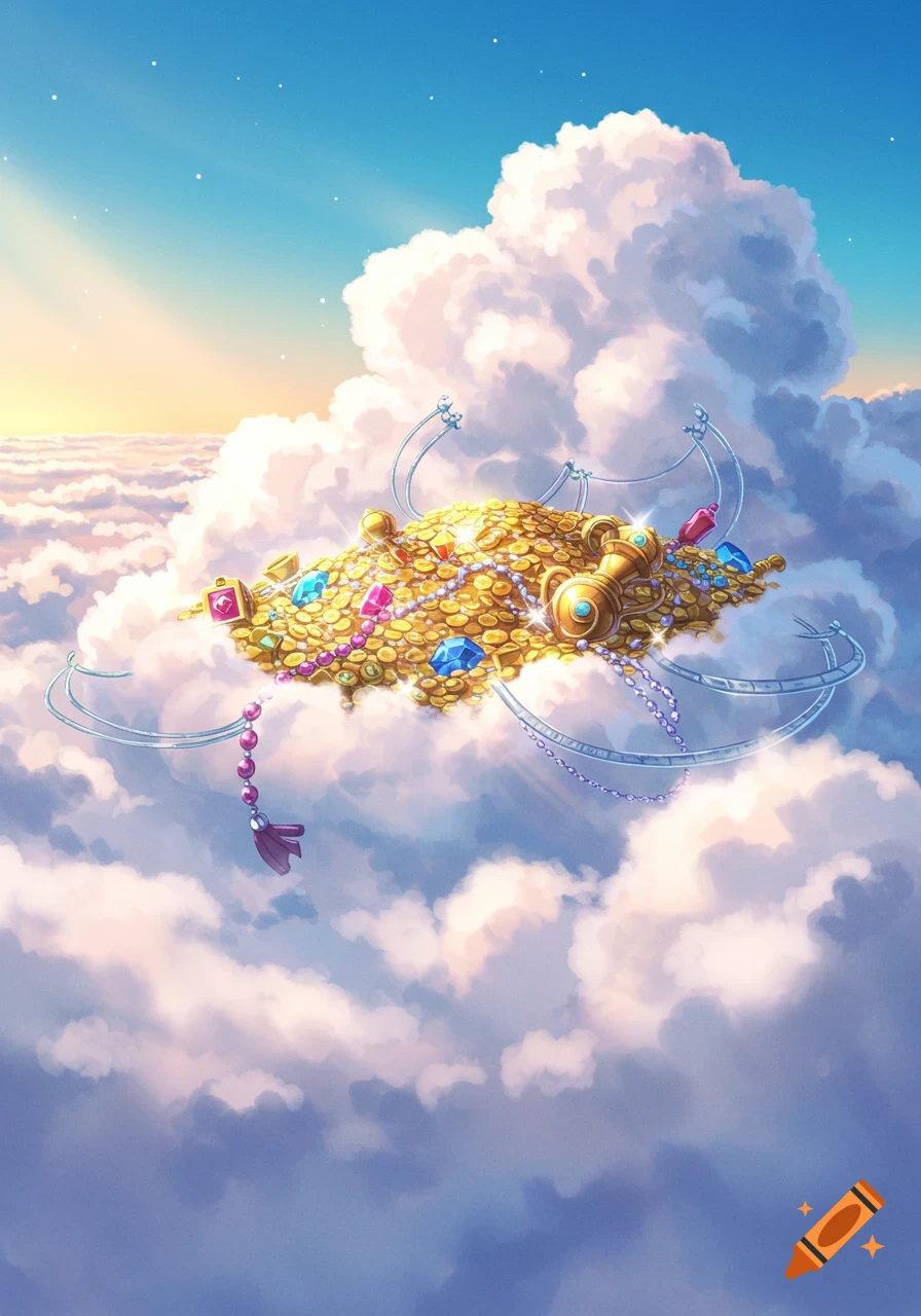 Anime illustration of a large pile of gold coins and colorful jewels floating on white clouds in a bright blue sky.