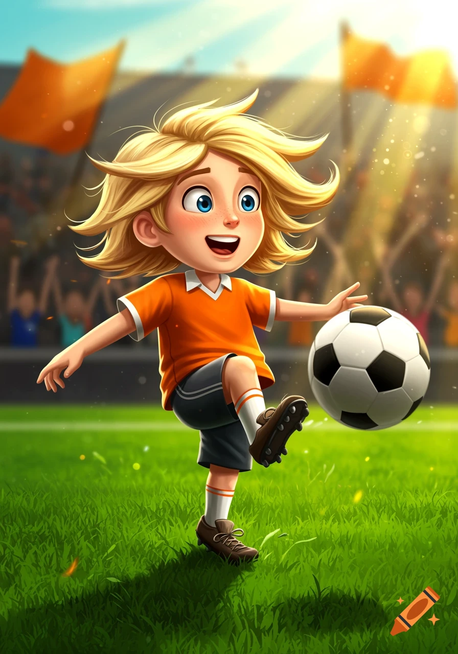 Cartoon blonde-haired boy in an orange shirt kicking a soccer ball on a green field in a bright stadium.