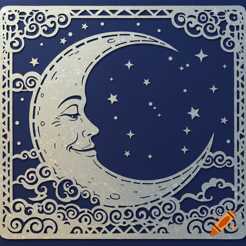 A silver glittery papel picado design of a smiling crescent moon, surrounded by ornate swirls and stars, against a dark blue background.