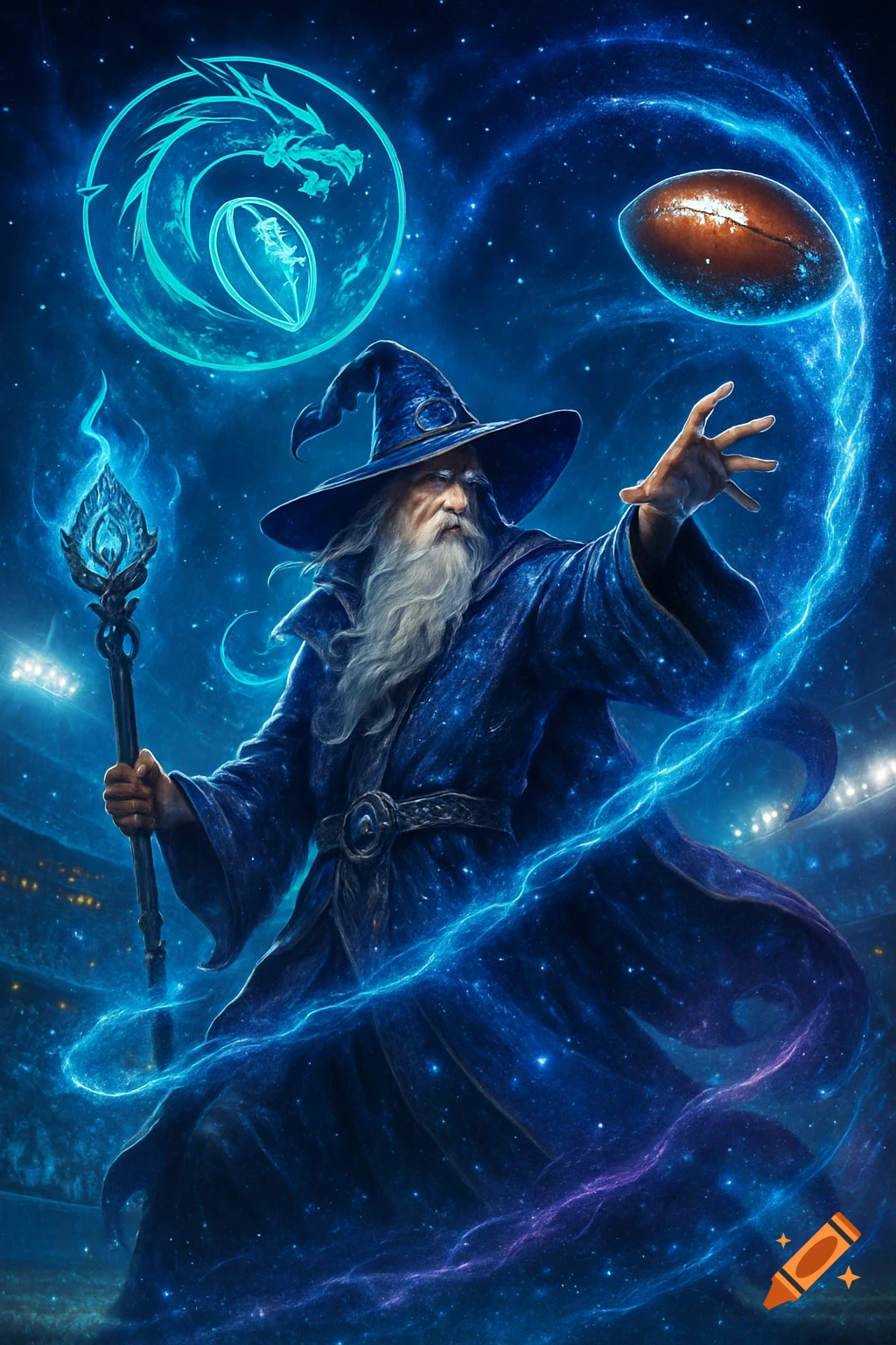 A wizard in blue robes and hat, with a long white beard, conjures magic to control an American football in a starry stadium with a glowing dragon logo. Digital art.
