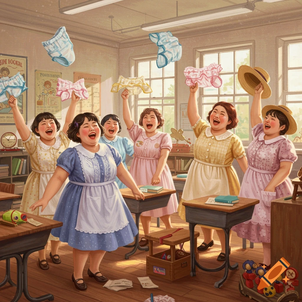 Cheerful, chubby women, possibly teachers, celebrate in a classroom, throwing diapers in the air. Illustrated style.