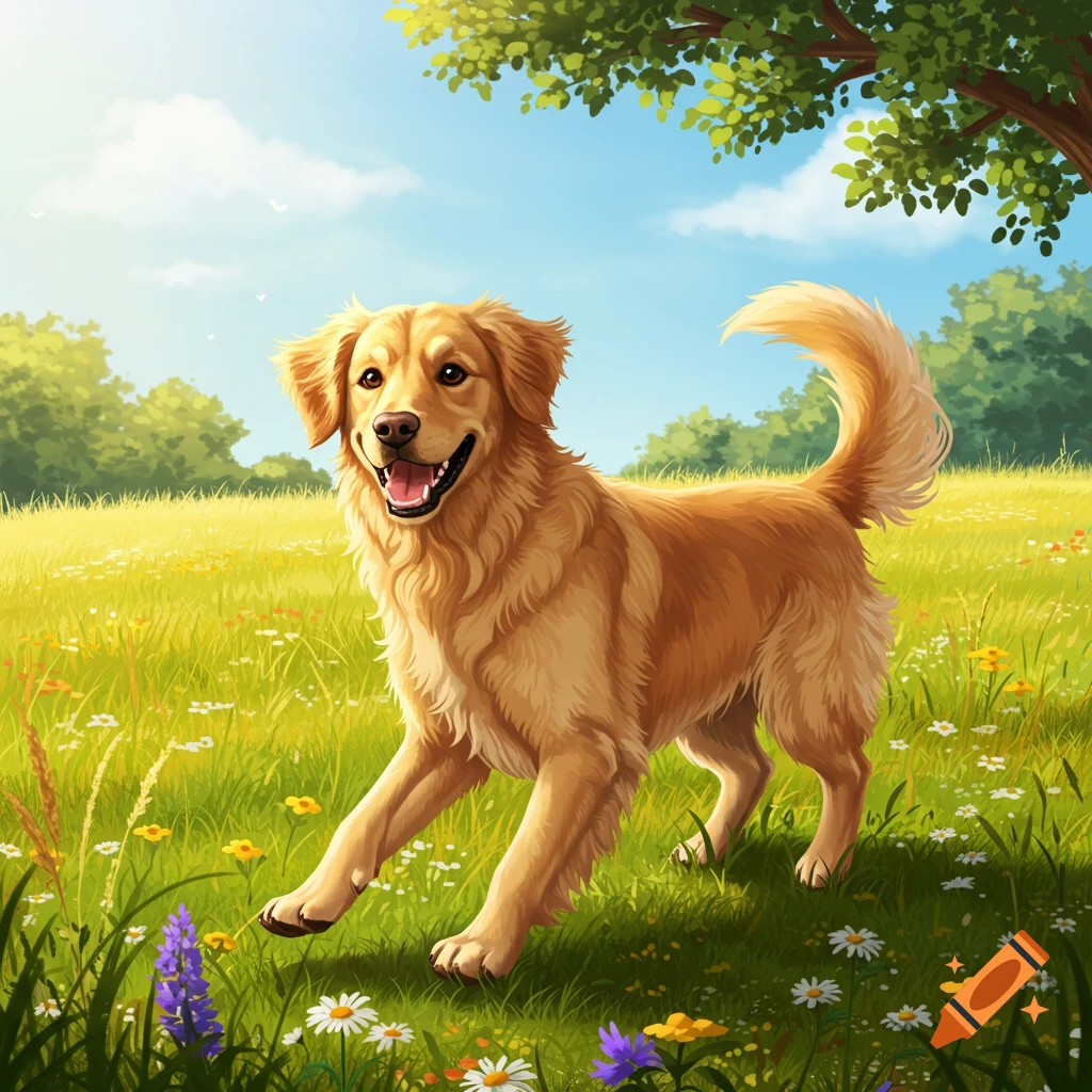 A happy Golden Retriever trots through a sunny, grassy field filled with wildflowers, in a vibrant illustration style.