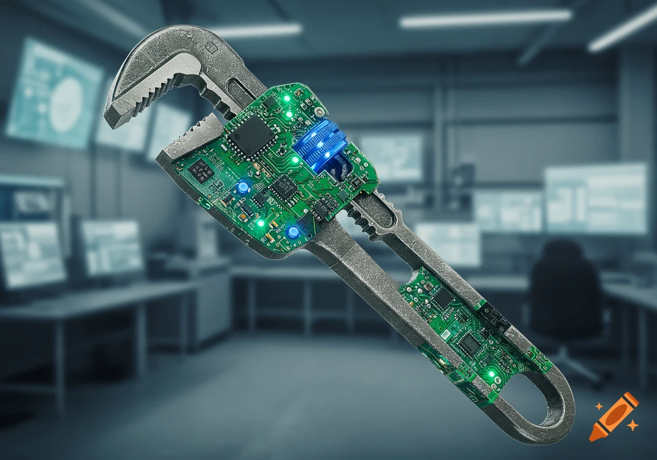 A pipe wrench intricately made from green circuit boards with glowing lights, set against a blurred background of a modern control room.
