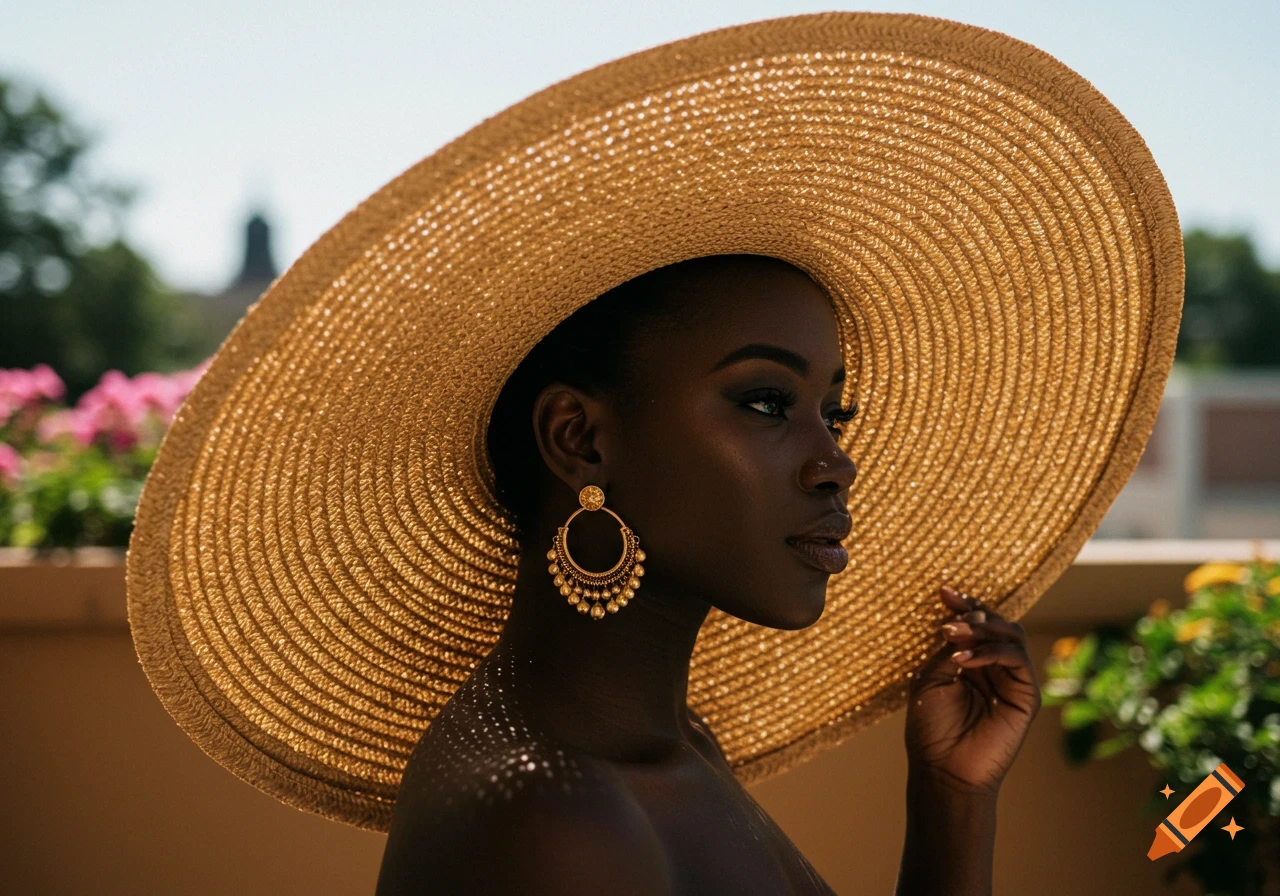 Photorealistic portrait of a Black woman in profile, wearing a very large straw hat and ornate earrings.