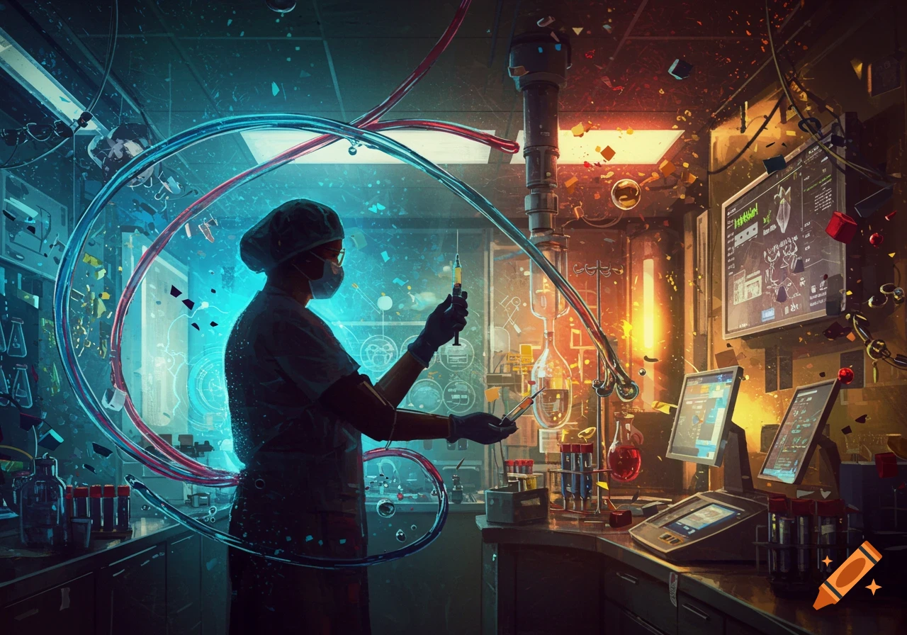 A scientist in a futuristic, colorful laboratory, wearing a mask and holding a syringe, surrounded by glowing equipment and monitors.
