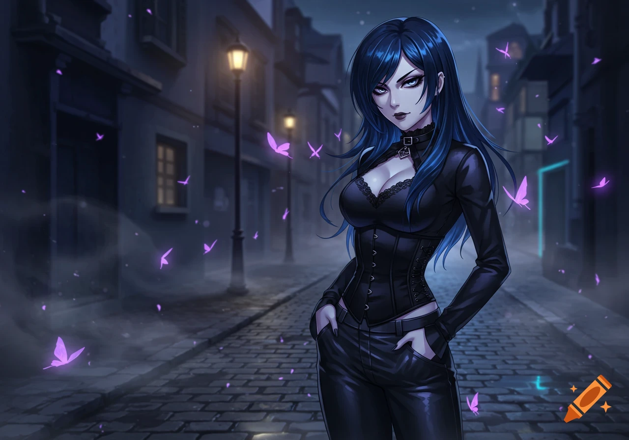 Anime goth girl with dark blue hair in a black corset and pants, standing on a cobblestone street at night with glowing purple butterflies.