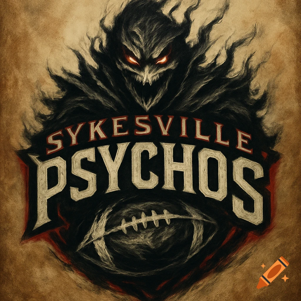 Dark, menacing fantasy logo for 'Sykesville Psychos' football team, featuring a shadowy creature with glowing red eyes and a football.