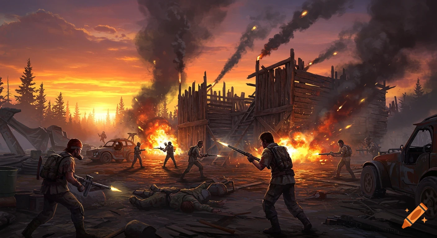 Stylized battle scene at sunset. Soldiers raid a burning, destroyed wooden base in a forest, with gunfire and explosions.