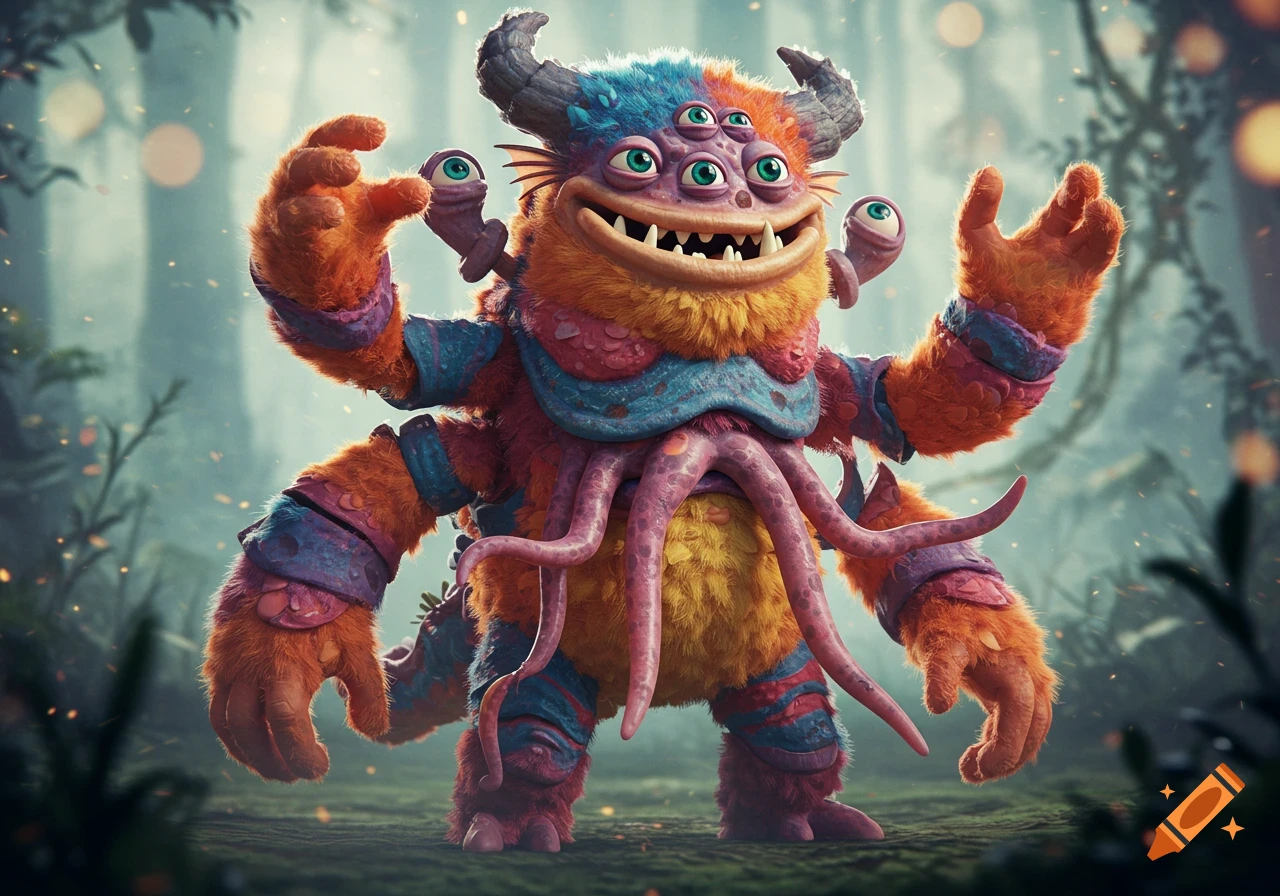 A colorful, furry, horned monster with multiple eyes and tentacles stands in a magical forest, looking happy.