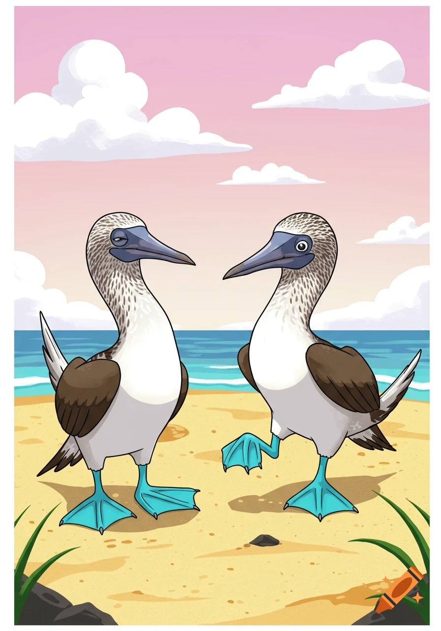 Two cartoon blue-footed boobies stand on a sandy beach looking at each other, with the ocean and a pink sky in the background.