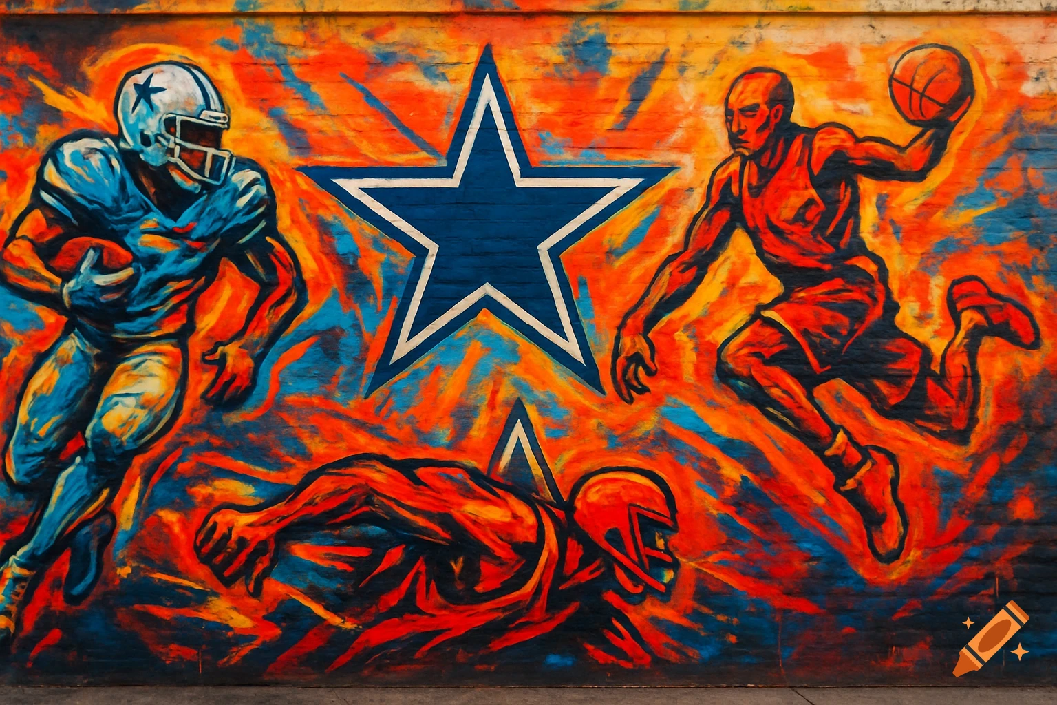 Colorful graffiti mural with a football player, basketball player, and a blue and white star logo on a brick wall.
